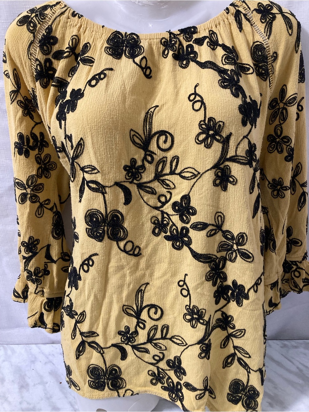 Forgotten Grace Yellow Black Floral Embroidered Peasant Blouse XL